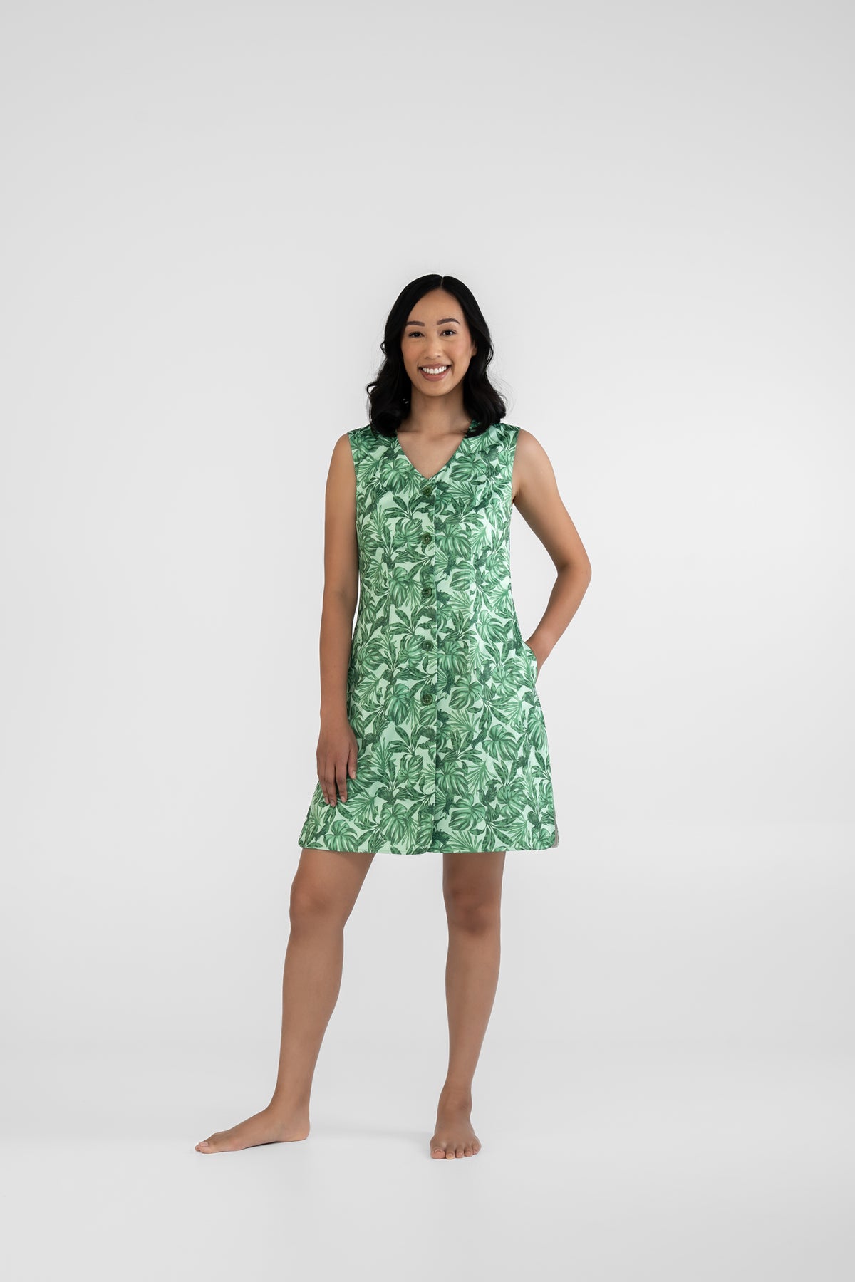 The Neren Signature After-Swim Dress in Canopy photographed from the front in the studio