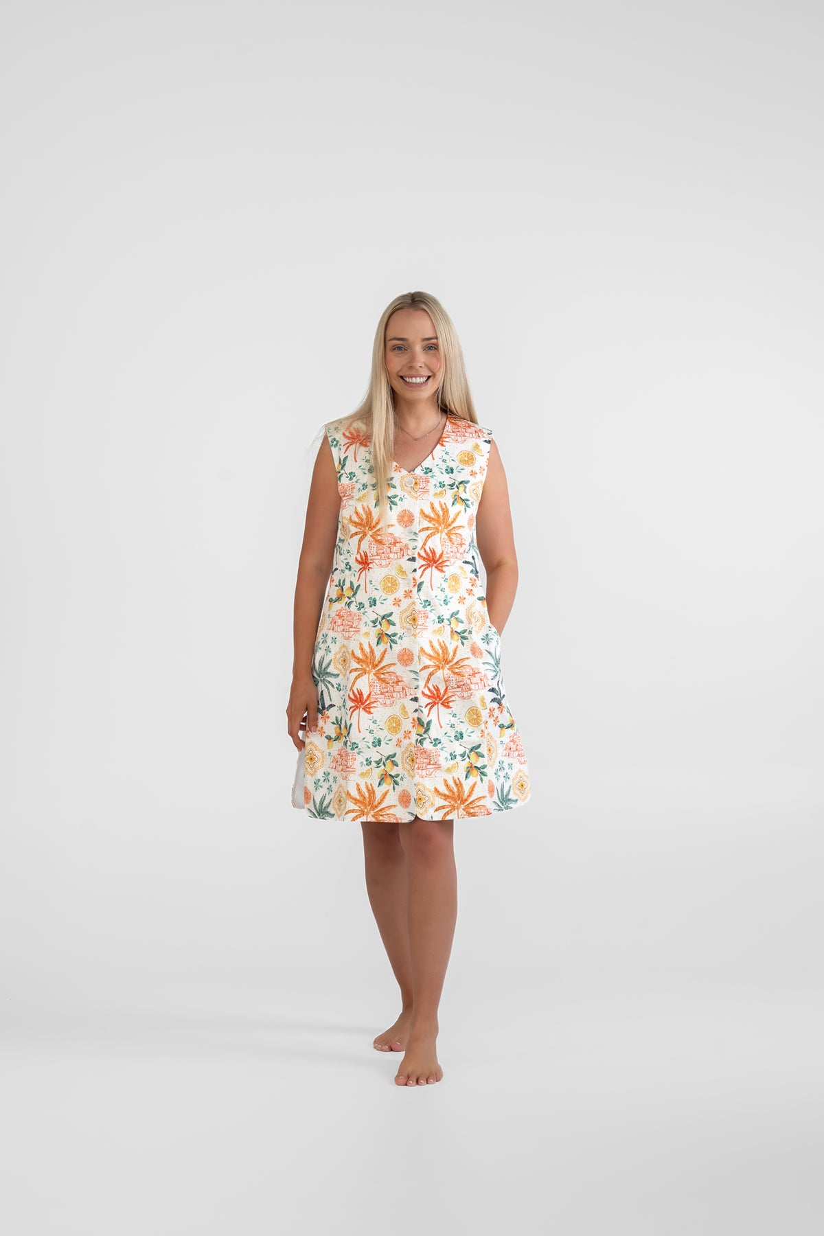 The Neren Signature After-Swim Dress in Valencia photographed from the front in the studio